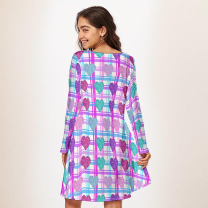 Vibrant Heart Print Long Sleeve Mini Dress | Above Knee Flared Style on Pink, Blue, Purple Plaid Background | Women's Valentine's Day Dress - Printspirationz