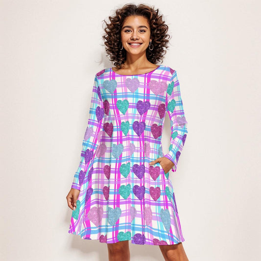 Vibrant Heart Print Long Sleeve Mini Dress | Above Knee Flared Style on Pink, Blue, Purple Plaid Background | Women's Valentine's Day Dress - Printspirationz