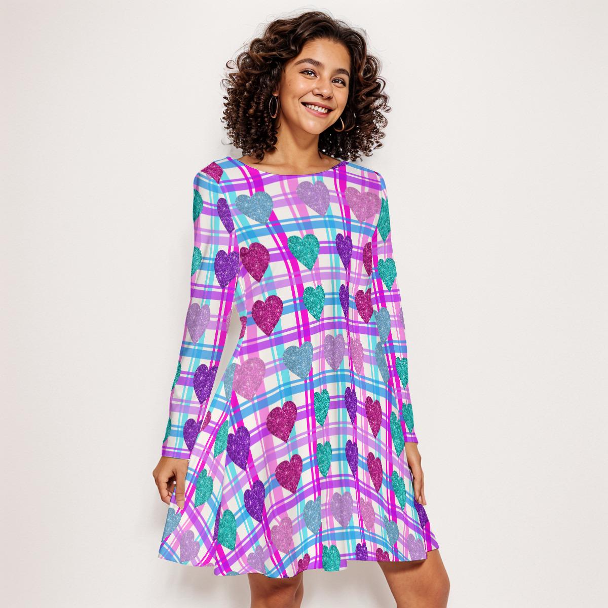 Vibrant Heart Print Long Sleeve Mini Dress | Above Knee Flared Style on Pink, Blue, Purple Plaid Background | Women's Valentine's Day Dress - Printspirationz