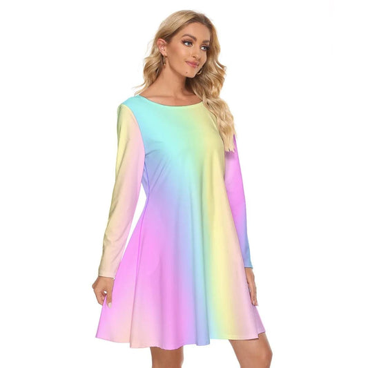 Vibrant Pastel Rainbow Gradient Long Sleeve Knee Length Mini Cocktail Spring Easter Mother's Day Party Dance Dress with Pockets gift for her - Printspirationz