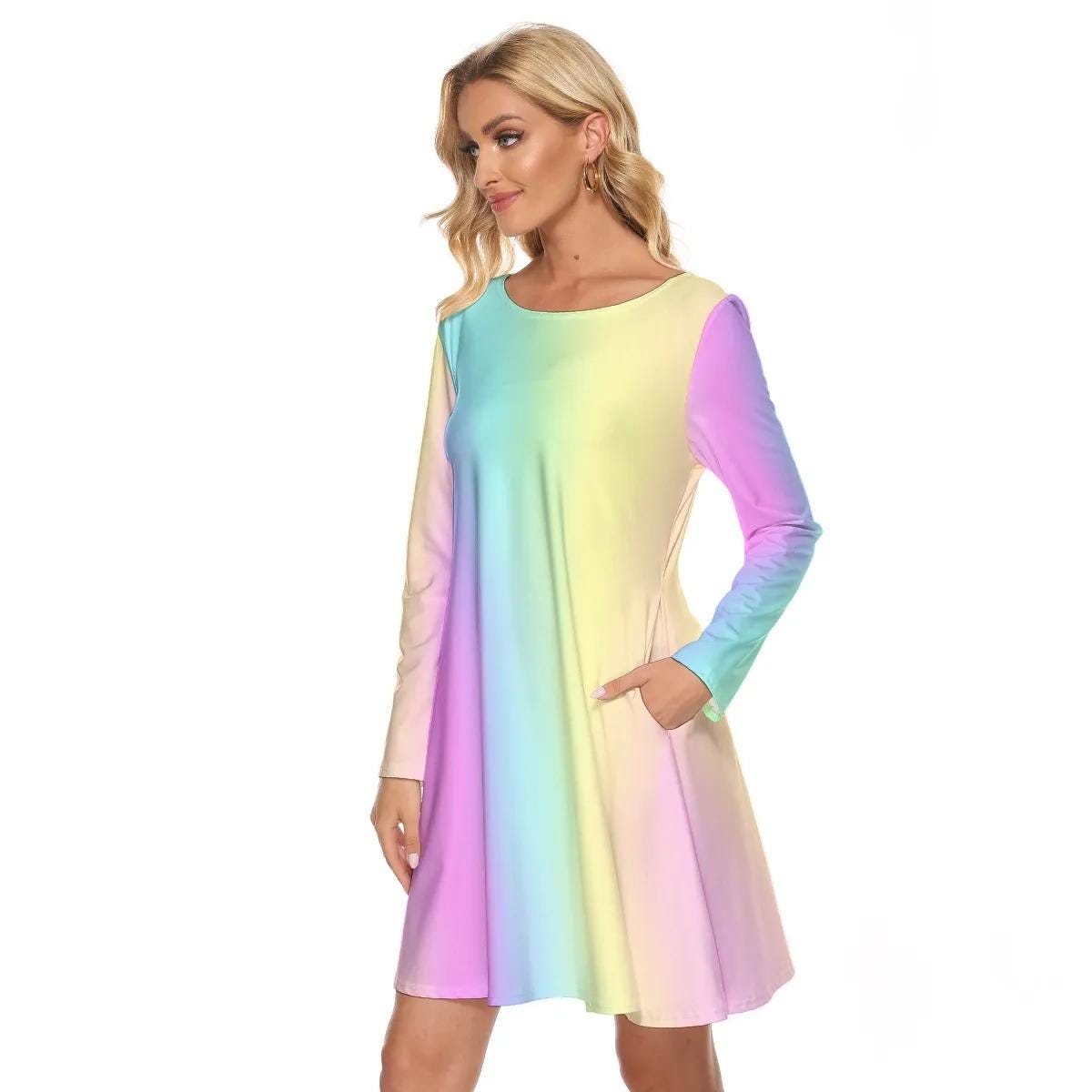 Vibrant Pastel Rainbow Gradient Long Sleeve Knee Length Mini Cocktail Spring Easter Mother's Day Party Dance Dress with Pockets gift for her - Printspirationz