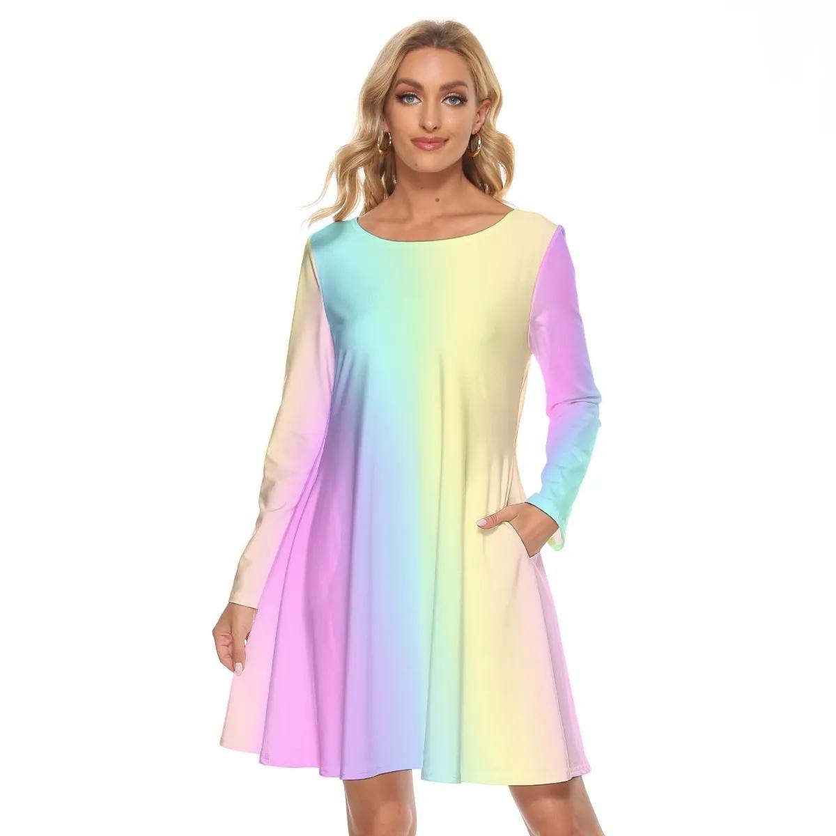 Vibrant Pastel Rainbow Gradient Long Sleeve Knee Length Mini Cocktail Spring Easter Mother's Day Party Dance Dress with Pockets gift for her - Printspirationz