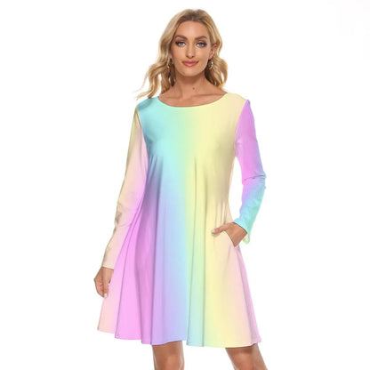 Vibrant Pastel Rainbow Gradient Long Sleeve Knee Length Mini Cocktail Spring Easter Mother's Day Party Dance Dress with Pockets gift for her - Printspirationz