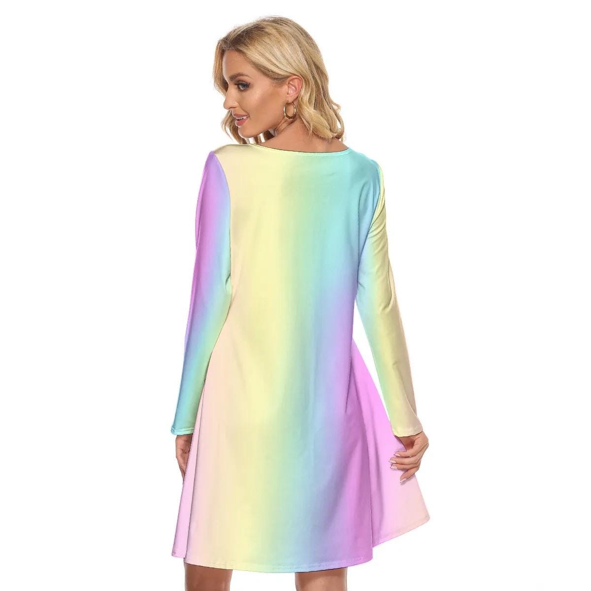 Vibrant Pastel Rainbow Gradient Long Sleeve Knee Length Mini Cocktail Spring Easter Mother's Day Party Dance Dress with Pockets gift for her - Printspirationz