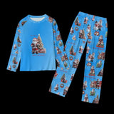 Women's Blue Santa Claus Pajamas Set Blue Background Christmas Sleepwear, 2pc
