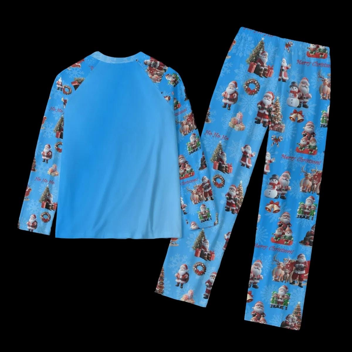 Women's Blue Santa Claus Pajamas Set - Blue Background - Christmas Sleepwear, Matching family outfit, long sleeves loungewear, Holiday 2pc - Printspirationz