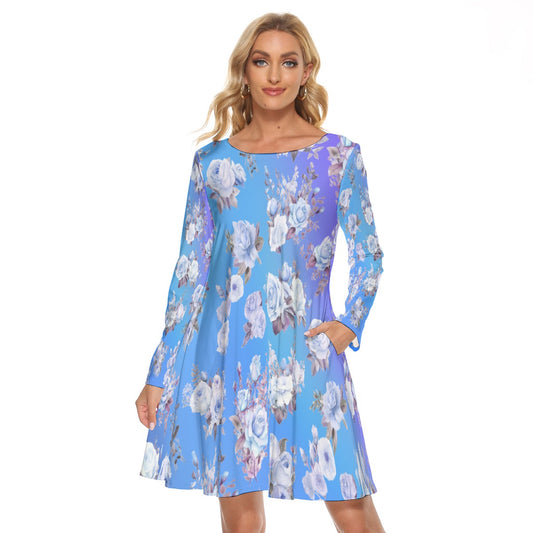 Women’s Crew Neck Dress – Blue Flowers on Blue Gradient Background, Soft & Elegant Everyday Style - Printspirationz