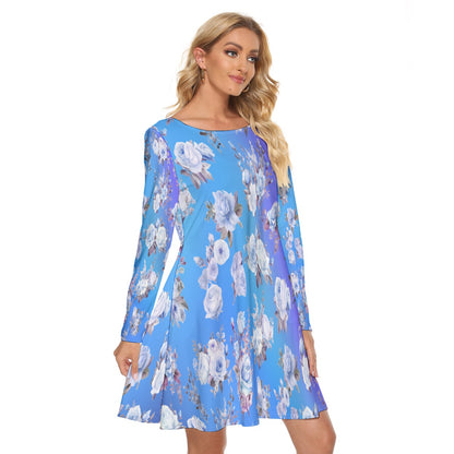 Women’s Crew Neck Dress – Blue Flowers on Blue Gradient Background, Soft & Elegant Everyday Style - Printspirationz