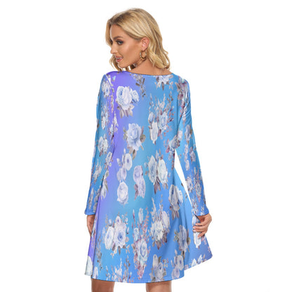 Women’s Crew Neck Dress – Blue Flowers on Blue Gradient Background, Soft & Elegant Everyday Style - Printspirationz