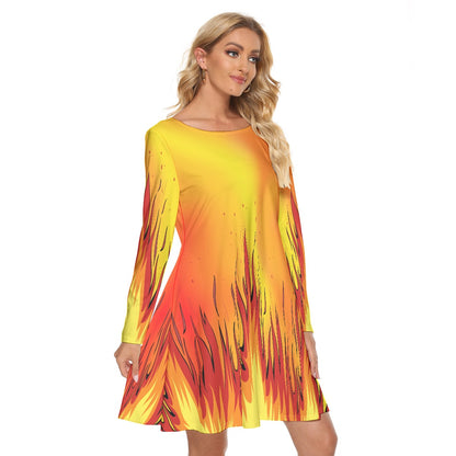 Women’s Crew Neck Dress – Bold Fire Pattern, Fierce & Flattering Everyday Style - Printspirationz