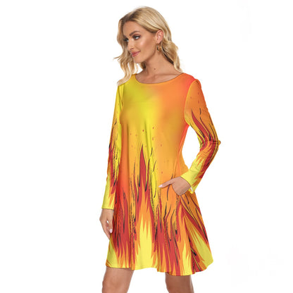 Women’s Crew Neck Dress – Bold Fire Pattern, Fierce & Flattering Everyday Style - Printspirationz