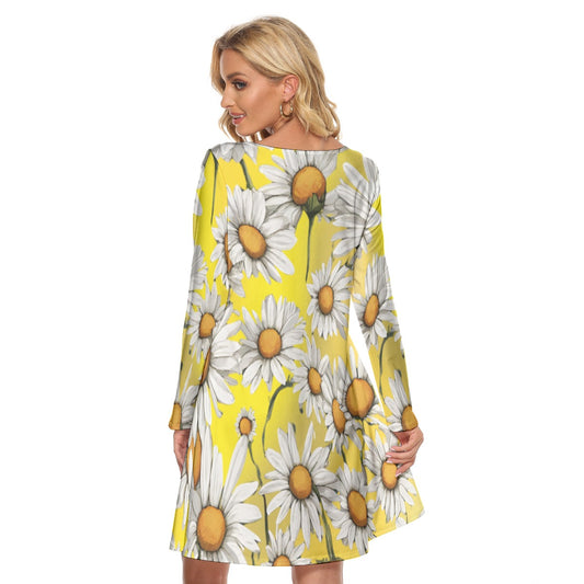 Women’s Crew Neck Dress – Daisy Pattern on Yellow Background, Fresh & Flowy Everyday Style - Printspirationz