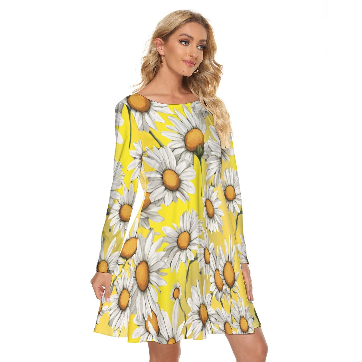 Women’s Crew Neck Dress – Daisy Pattern on Yellow Background, Fresh & Flowy Everyday Style - Printspirationz