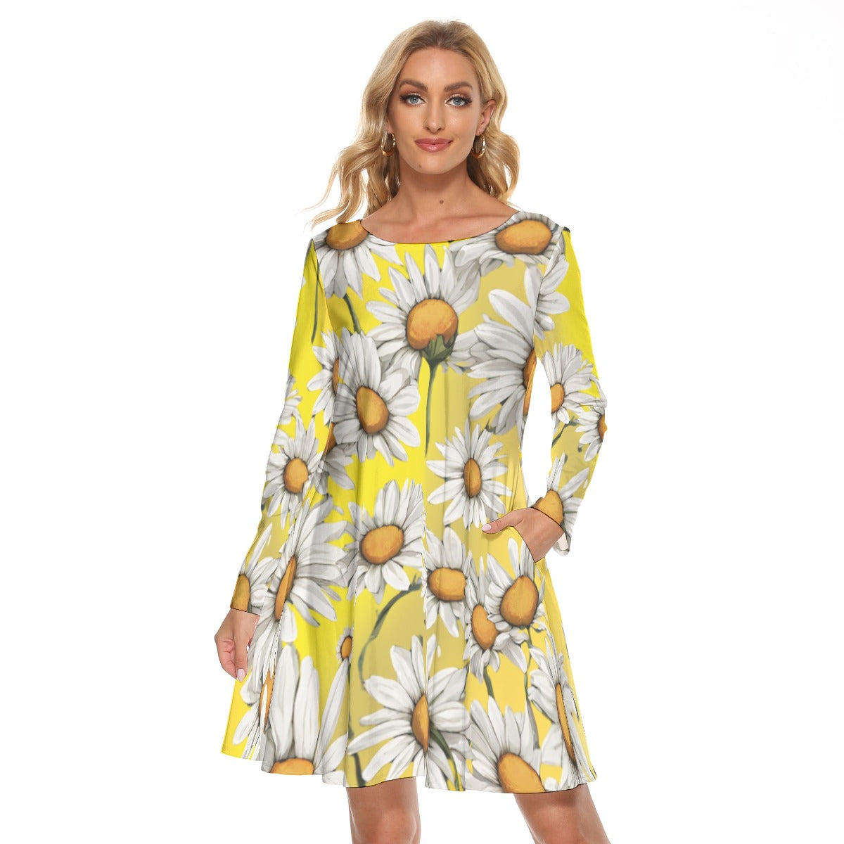 Women’s Crew Neck Dress – Daisy Pattern on Yellow Background, Fresh & Flowy Everyday Style - Printspirationz