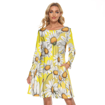 Women’s Crew Neck Dress – Daisy Pattern on Yellow Background, Fresh & Flowy Everyday Style - Printspirationz