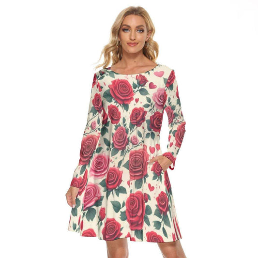 Women’s Crew Neck Dress – Elegant Rose Pattern, Soft & Stylish Everyday Fit
