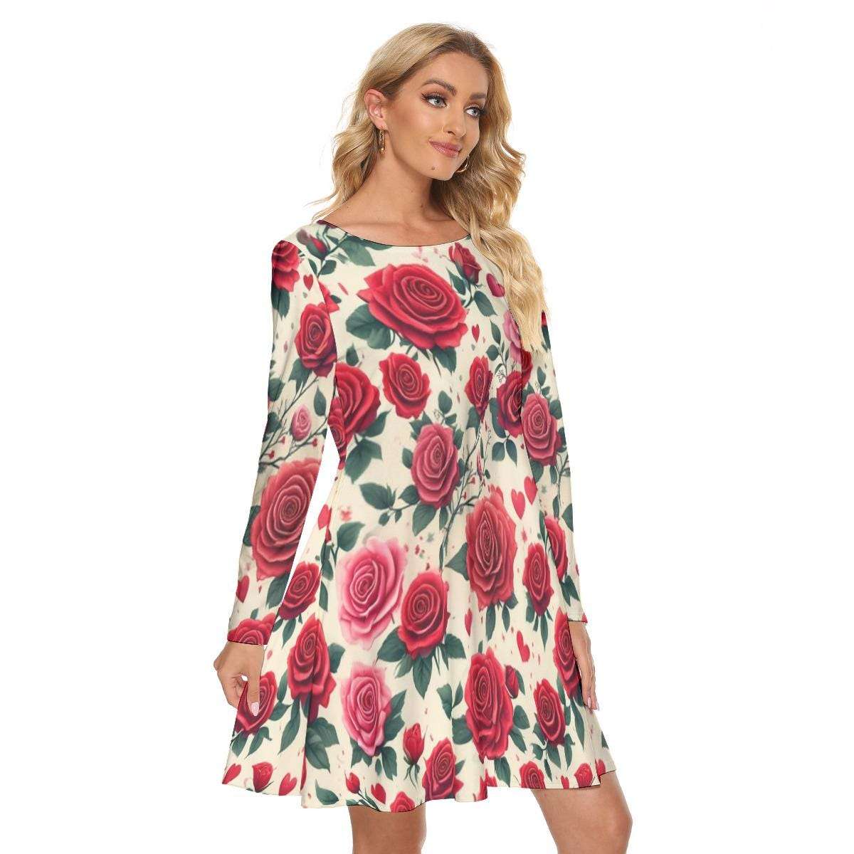 Women’s Crew Neck Dress – Elegant Rose Pattern, Soft & Stylish Everyday Fit