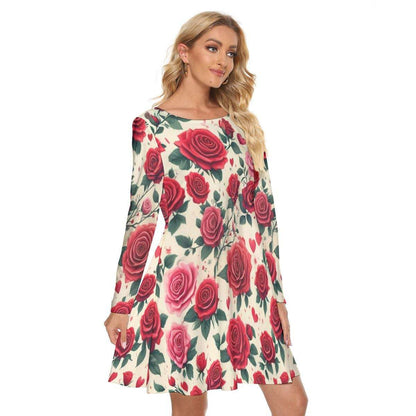 Women’s Crew Neck Dress – Elegant Rose Pattern, Soft & Stylish Everyday Fit