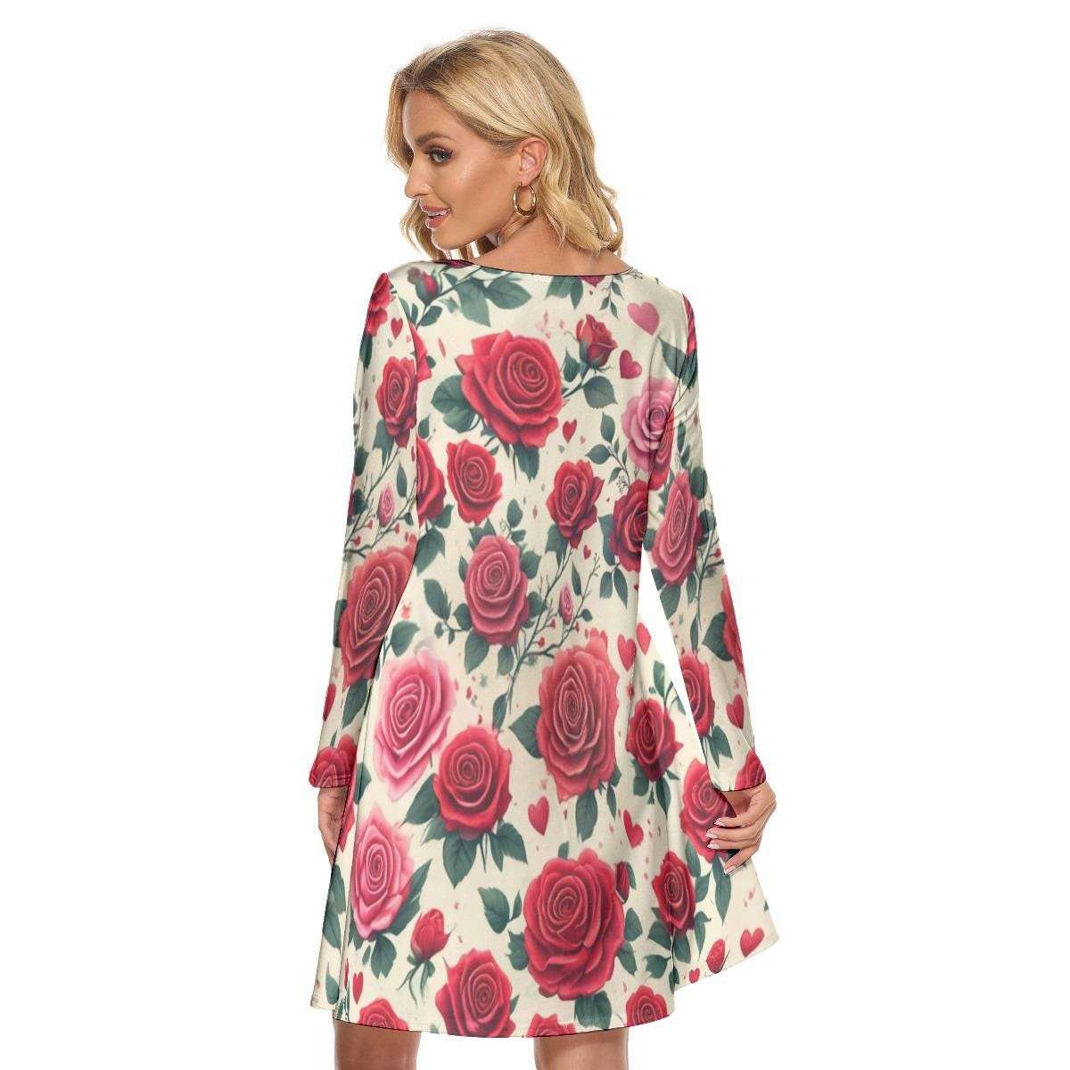 Women’s Crew Neck Dress – Elegant Rose Pattern, Soft & Stylish Everyday Fit