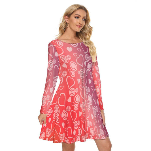 Women’s Crew Neck Dress – Hearts & Swirls on Red Gradient Background, Romantic & Comfortable Fit