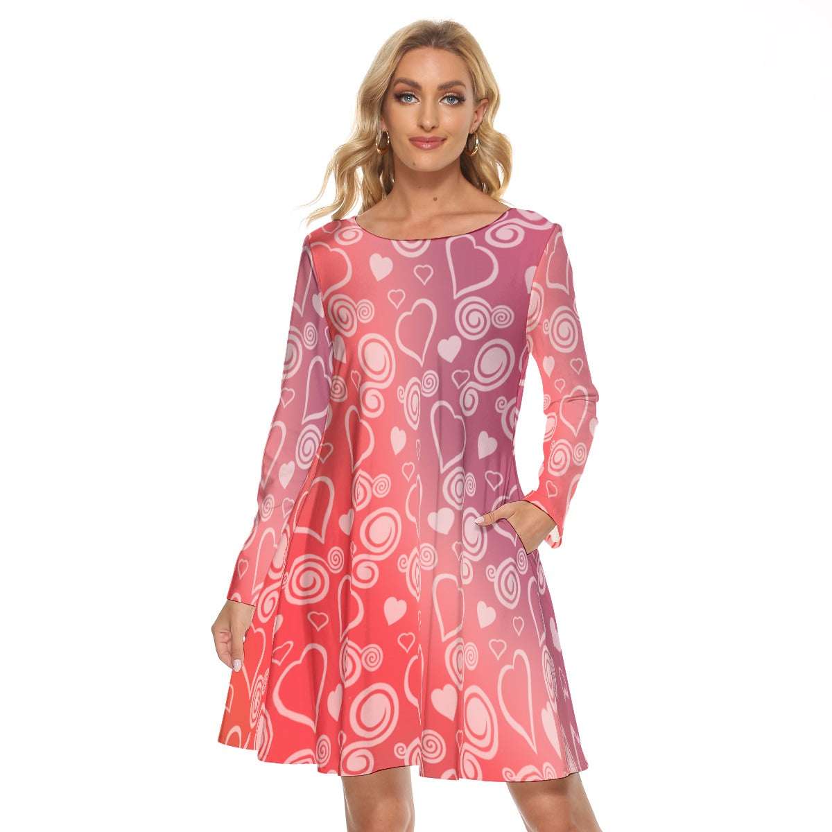 Women’s Crew Neck Dress – Hearts & Swirls on Red Gradient Background, Romantic & Comfortable Fit