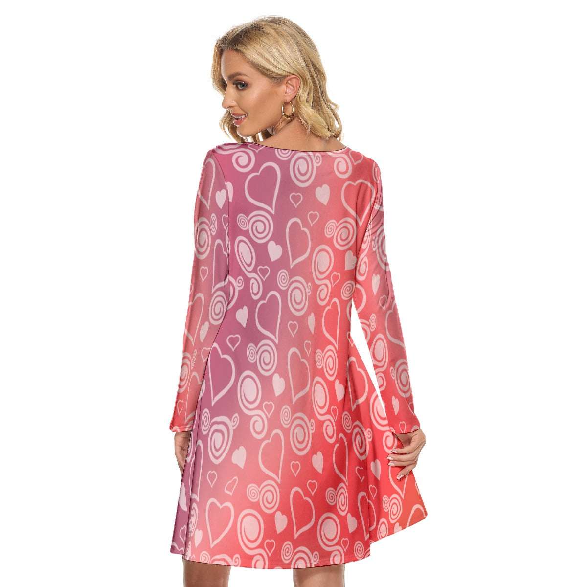 Women’s Crew Neck Dress – Hearts & Swirls on Red Gradient Background, Romantic & Comfortable Fit