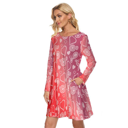 Women’s Crew Neck Dress – Hearts & Swirls on Red Gradient Background, Romantic & Comfortable Fit