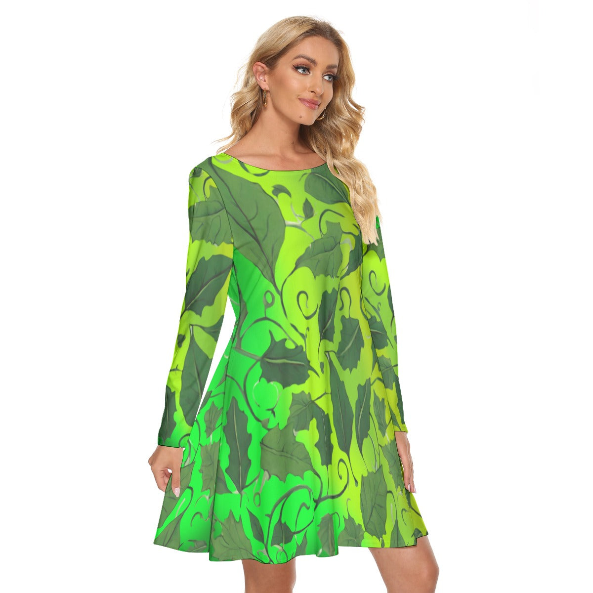 Women’s Crew Neck Dress – Leaves & Vines on Green Gradient Background, Nature-Inspired Style - Printspirationz