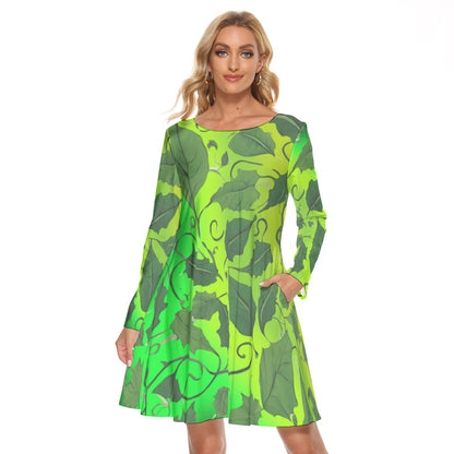 Women’s Crew Neck Dress – Leaves & Vines on Green Gradient Background, Nature-Inspired Style - Printspirationz