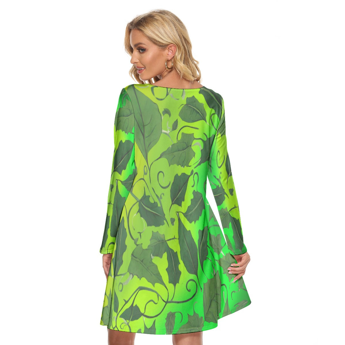 Women’s Crew Neck Dress – Leaves & Vines on Green Gradient Background, Nature-Inspired Style - Printspirationz