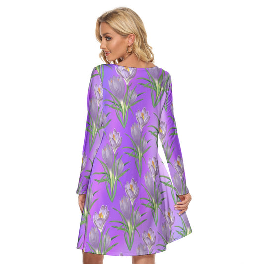 Women’s Crew Neck Dress – Purple Flowers on Purple Gradient Background, Elegant & Floral Everyday Style - Printspirationz