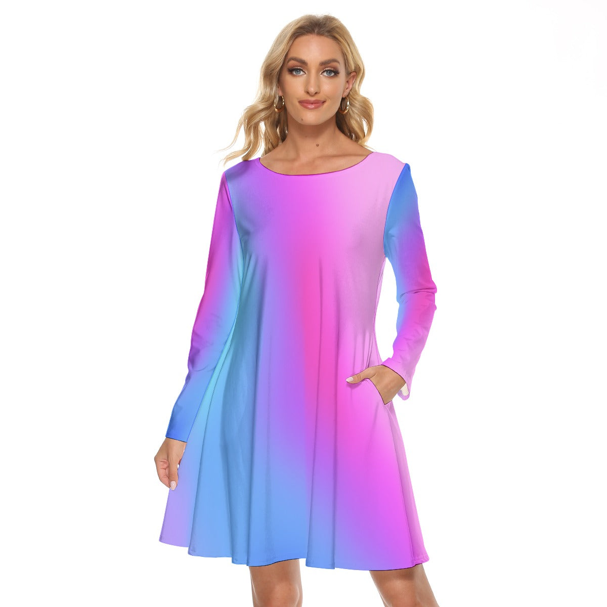 Women’s Crew Neck Dress – Purple, Pink & Blue Gradient Design, Vibrant & Comfortable Everyday Wear - Printspirationz