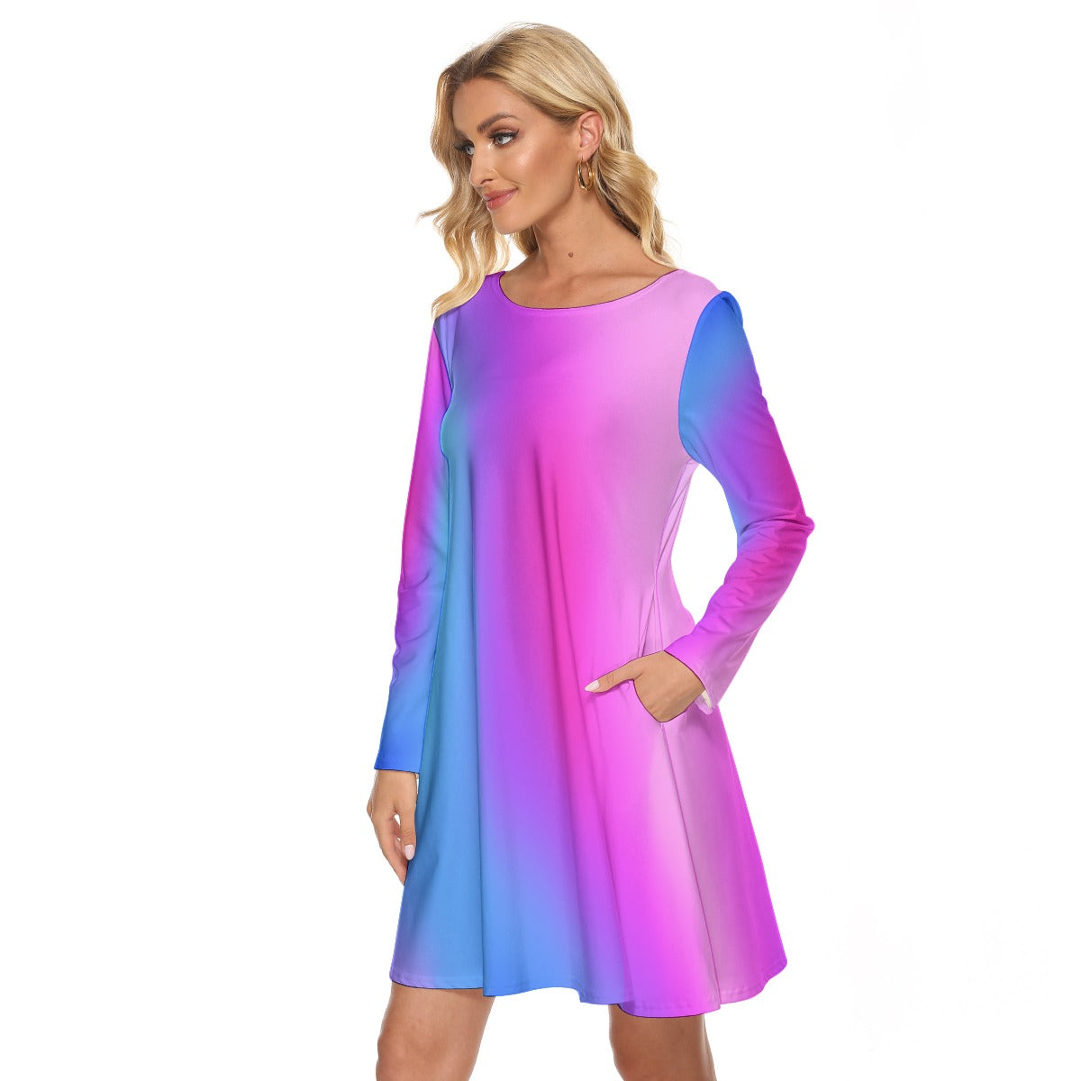 Women’s Crew Neck Dress – Purple, Pink & Blue Gradient Design, Vibrant & Comfortable Everyday Wear - Printspirationz