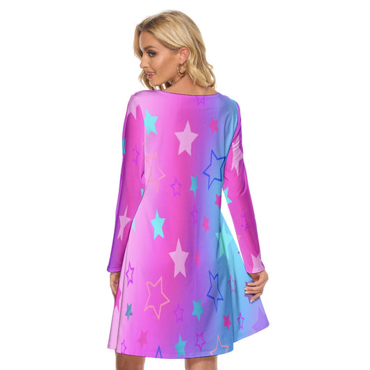 Women’s Crew Neck Dress – Purple, Pink & Blue Gradient with Stars Pattern, Dreamy & Comfortable Style - Printspirationz