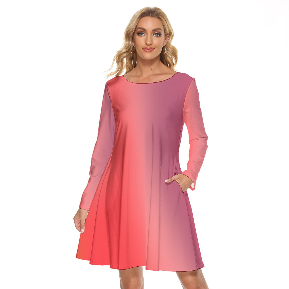 Women’s Crew Neck Dress – Red Gradient Color Design, Soft & Flattering Everyday Style - Printspirationz