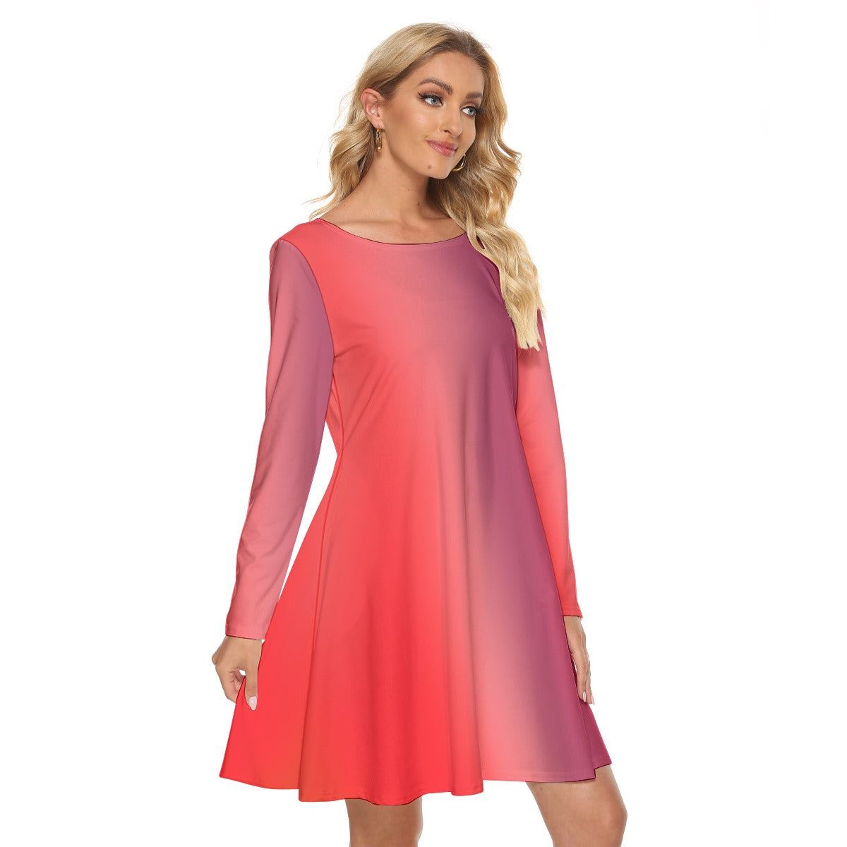 Women’s Crew Neck Dress – Red Gradient Color Design, Soft & Flattering Everyday Style - Printspirationz