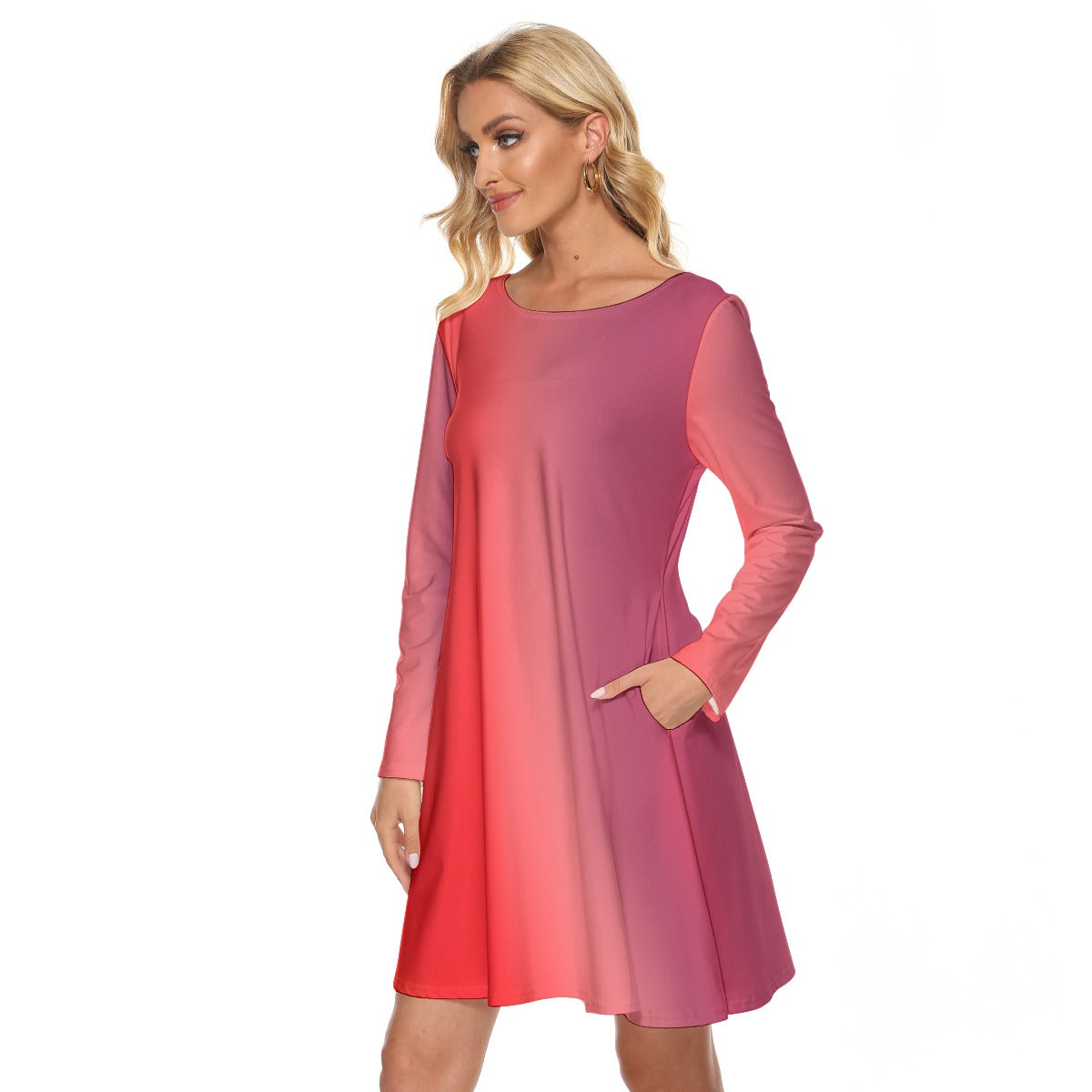 Women’s Crew Neck Dress – Red Gradient Color Design, Soft & Flattering Everyday Style - Printspirationz