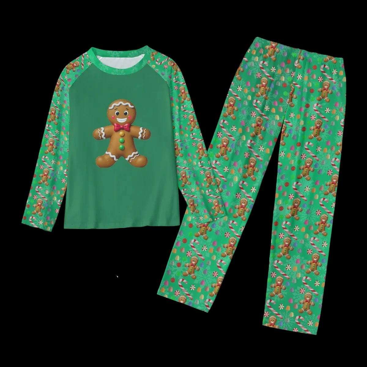 Women's Green Gingerbread Man, Christmas Holiday Candy Winter Pajama Set, Matching family outfit, long sleeves loungewear, Holiday 2 pc