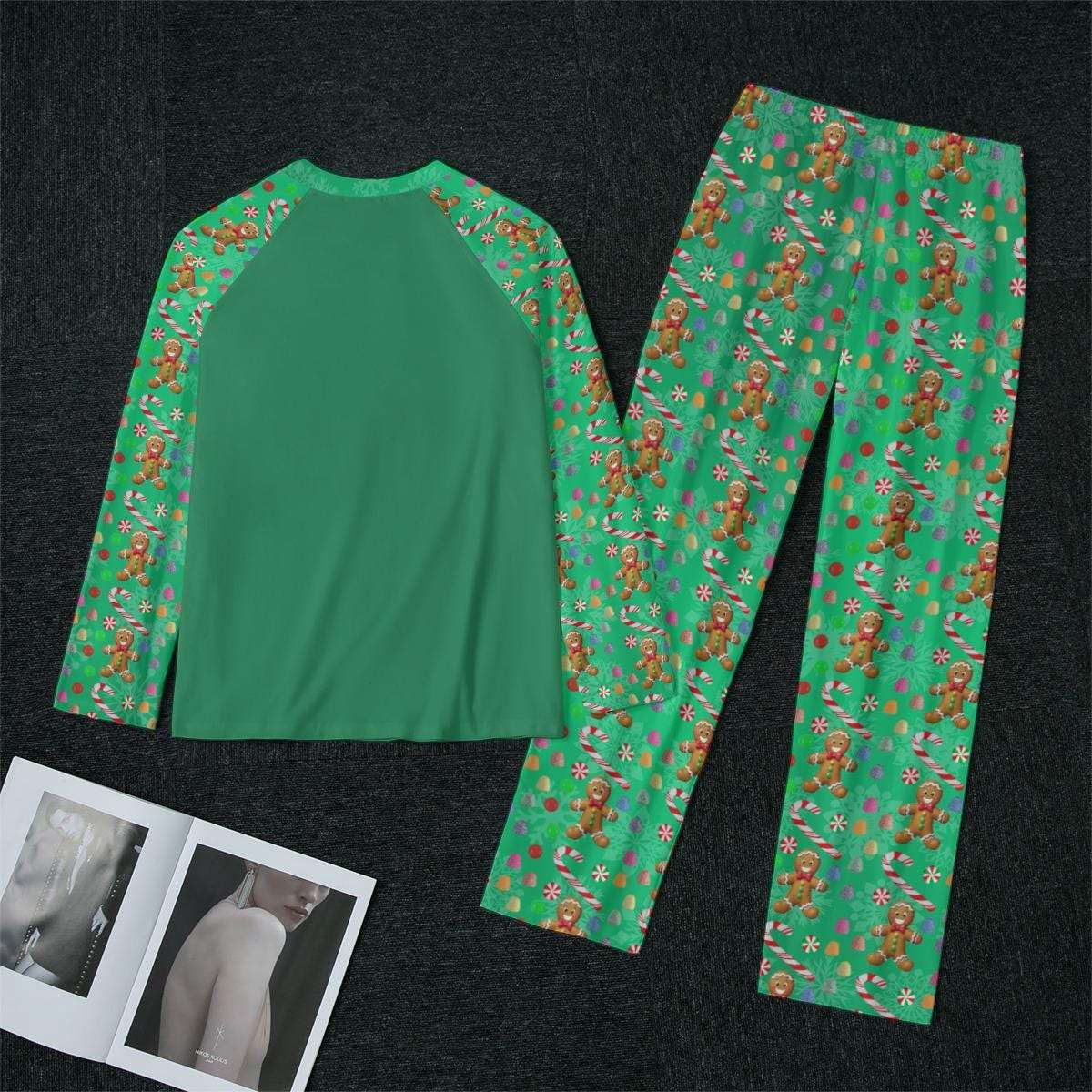 Women's Green Gingerbread Man, Christmas Holiday Candy Winter Pajama Set, Matching family outfit, long sleeves loungewear, Holiday 2 pc