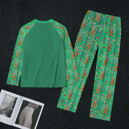 Women's Green Gingerbread Man, Christmas Holiday Candy Winter Pajama Set, Matching family outfit, long sleeves loungewear, Holiday 2 pc