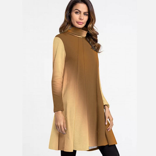 Women's High Neck Dress Long Sleeve, Brown Midi Dress, Floral Print Fall Fashion, Christmas Trendy Women's Clothing, Floral Dress for Her - Printspirationz