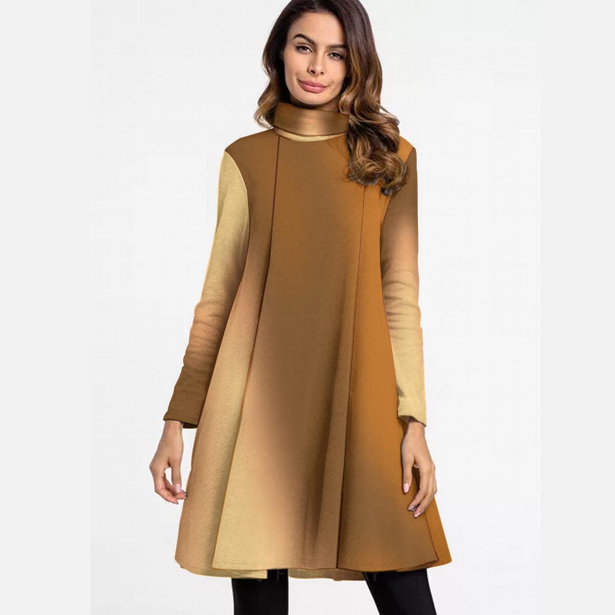 Women's High Neck Dress Long Sleeve, Brown Midi Dress, Floral Print Fall Fashion, Christmas Trendy Women's Clothing, Floral Dress for Her - Printspirationz