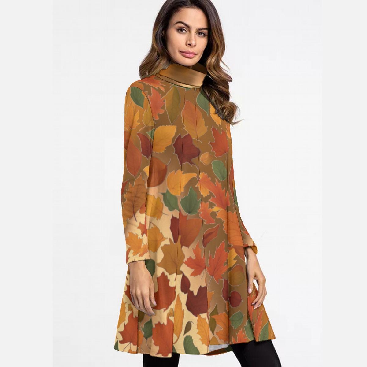 Women's High Neck Dress With Long Sleeve, Christmas Neck Long Sleeve Dress, Women's Midi Dress, Elegant Fall, Fashionable Women's Clothing - Printspirationz