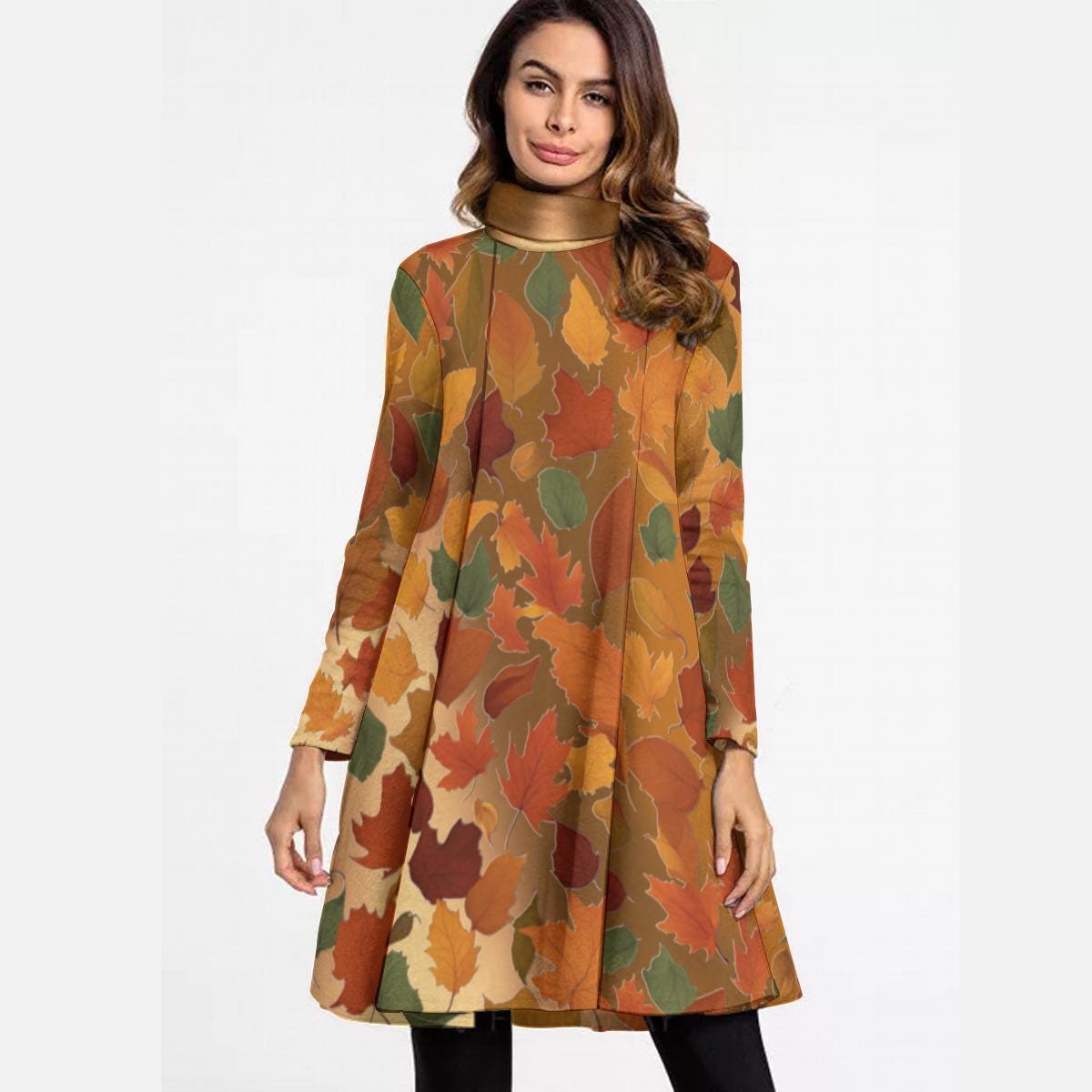 Women's High Neck Dress With Long Sleeve, Christmas Neck Long Sleeve Dress, Women's Midi Dress, Elegant Fall, Fashionable Women's Clothing - Printspirationz