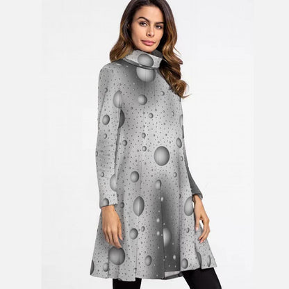 Women's High Neck Dress With Long Sleeve, High Neck, Winter Long Sleeve Dress for Women, Polka Dots Print Midi Dress, Elegant Spring Fashion - Printspirationz