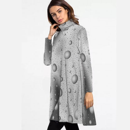 Women's High Neck Dress With Long Sleeve, High Neck, Winter Long Sleeve Dress for Women, Polka Dots Print Midi Dress, Elegant Spring Fashion - Printspirationz