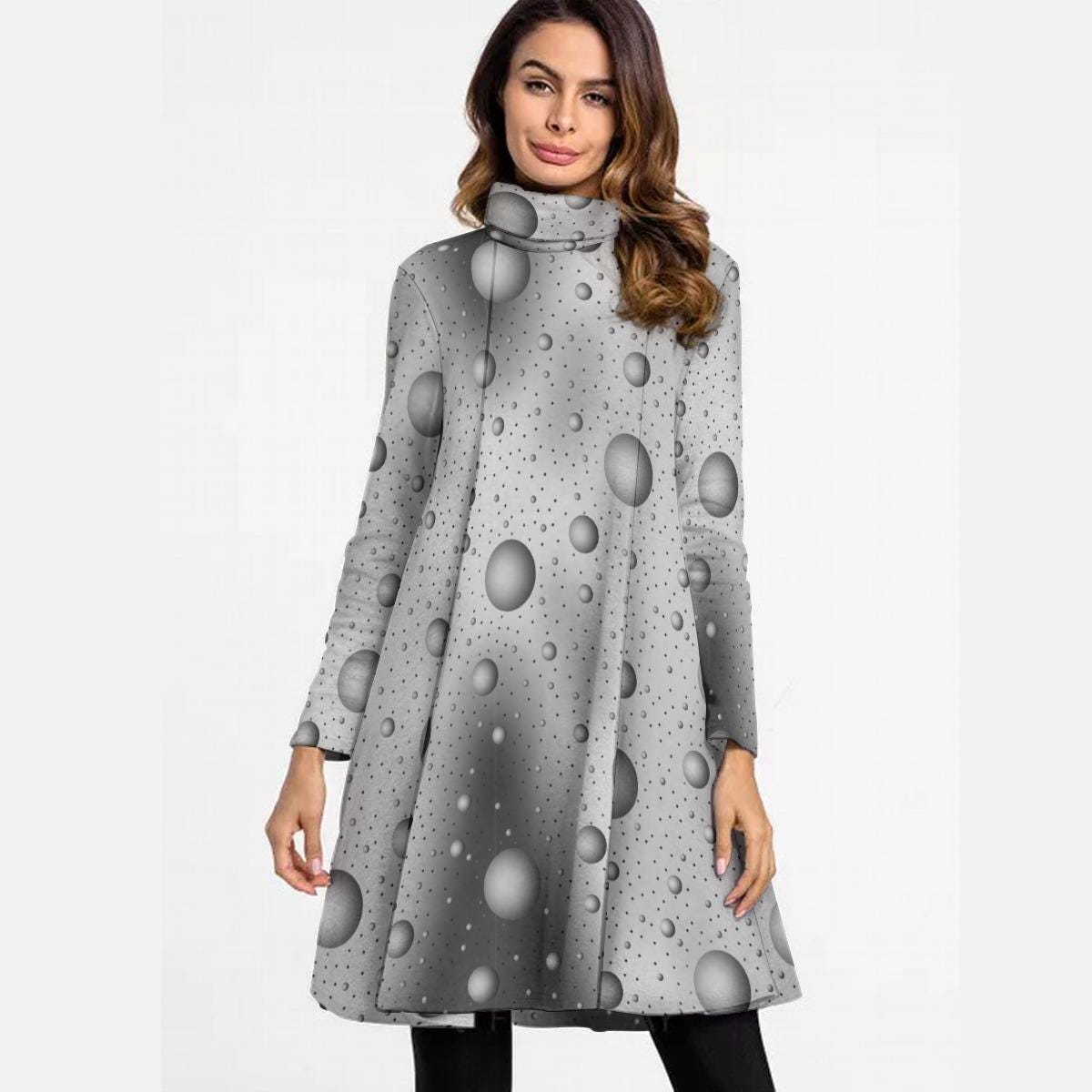 Women's High Neck Dress With Long Sleeve, High Neck, Winter Long Sleeve Dress for Women, Polka Dots Print Midi Dress, Elegant Spring Fashion - Printspirationz
