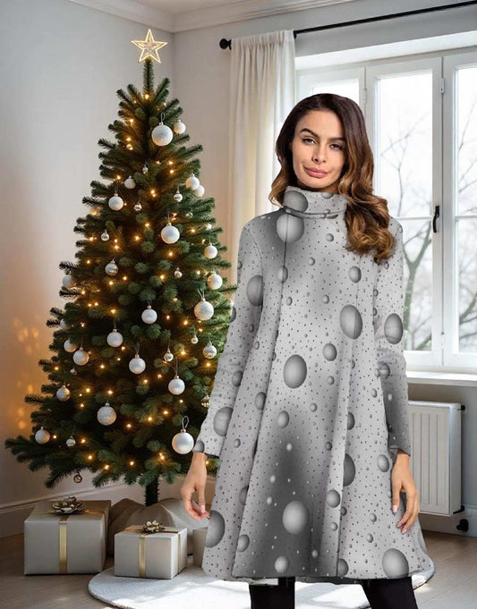 Women's High Neck Dress With Long Sleeve, High Neck, Winter Long Sleeve Dress for Women, Polka Dots Print Midi Dress, Elegant Spring Fashion
