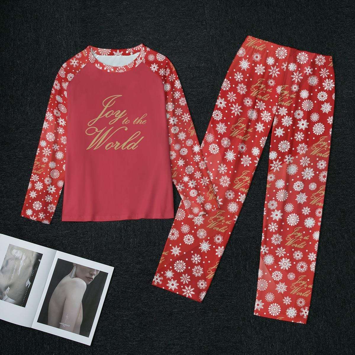 Women's Red Christmas Holiday Sleepwear Set, Festive 'Joy to the World' Quote - Matching family pajama outfit, long sleeves loungewear, 2 pc