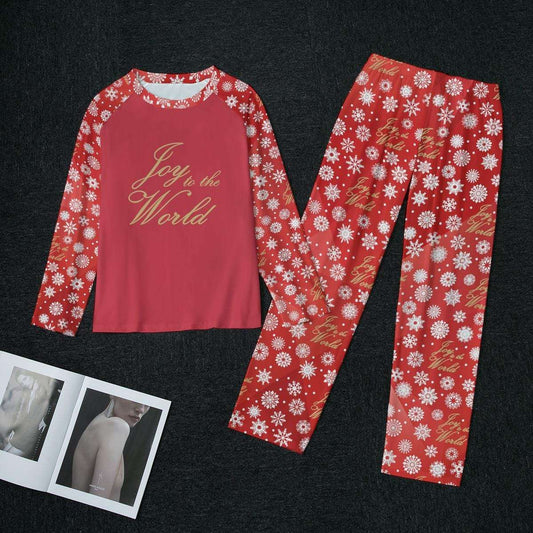 Women's Red Christmas Holiday Sleepwear Set, Festive 'Joy to the World' Quote - Matching family pajama outfit, long sleeves loungewear, 2 pc